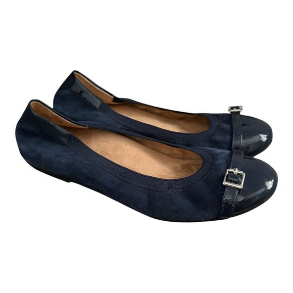 Vionic Ballet Flats Cap Toe Navy Suede Buckle Comfort Classic Romantic 9M - Picture 1 of 7